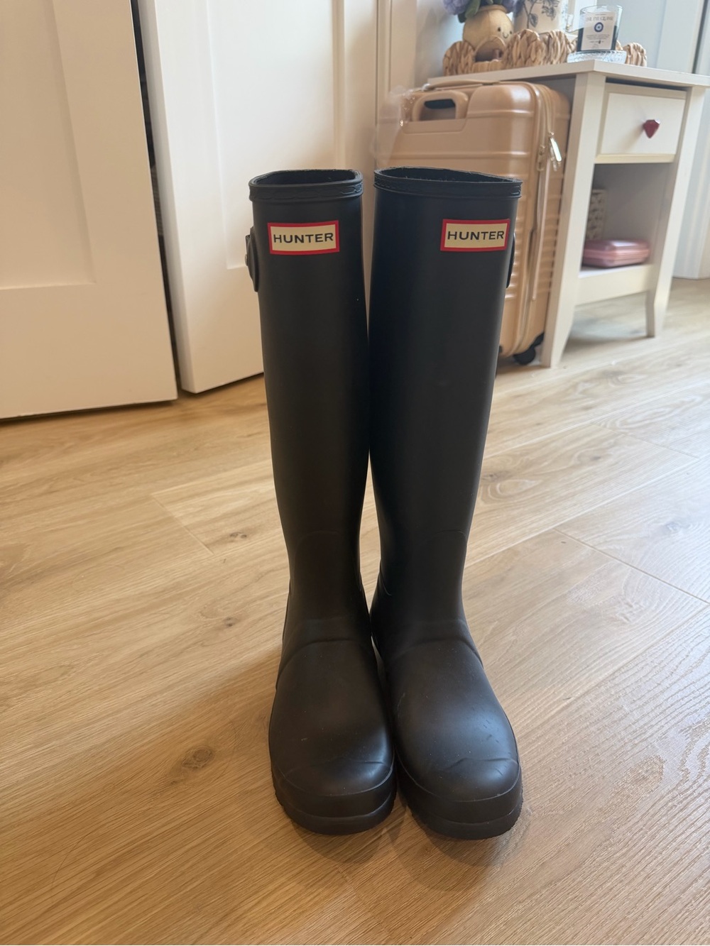 Hunter Tall Black Matte Rubber Rain Boots with Red Logo Trim